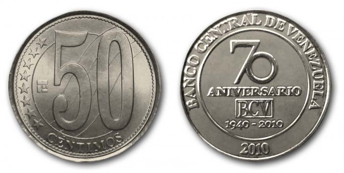 Moneda de 50 céntimos conmemorando el 70° Aniversario del BCV