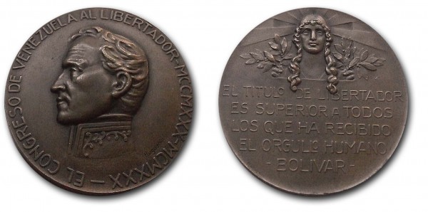 Medalla bronce del Congreso de Venezuela por la conmemoración de los 100 años de la muerte del libertador