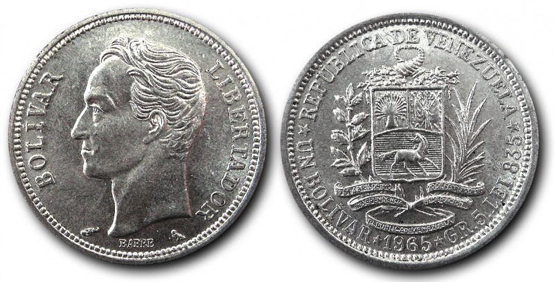 Moneda de 1 Bolívar de 1965. El último Bolívar de Plata