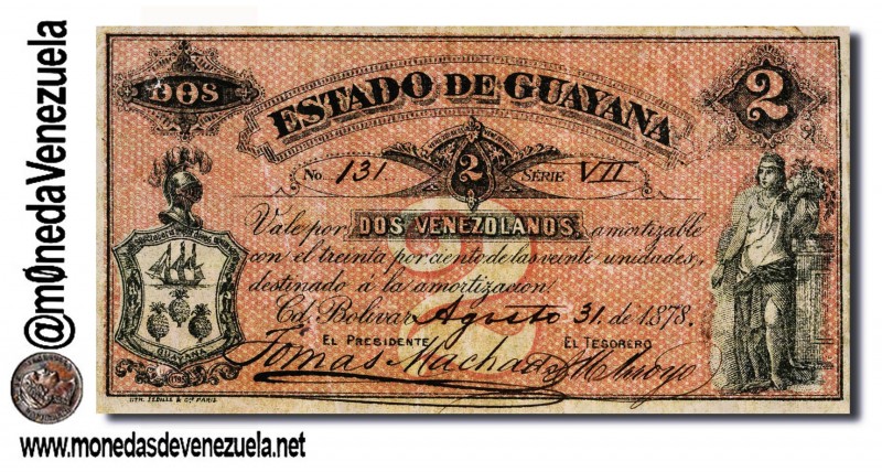 Billete de 2 Venezolanos. Estado de Guayana 1878