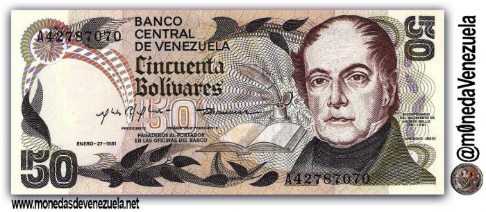Billete Conmemorativo Bicentenario nacimiento de Andrés Bello. 50 Bolívares Enero 1981